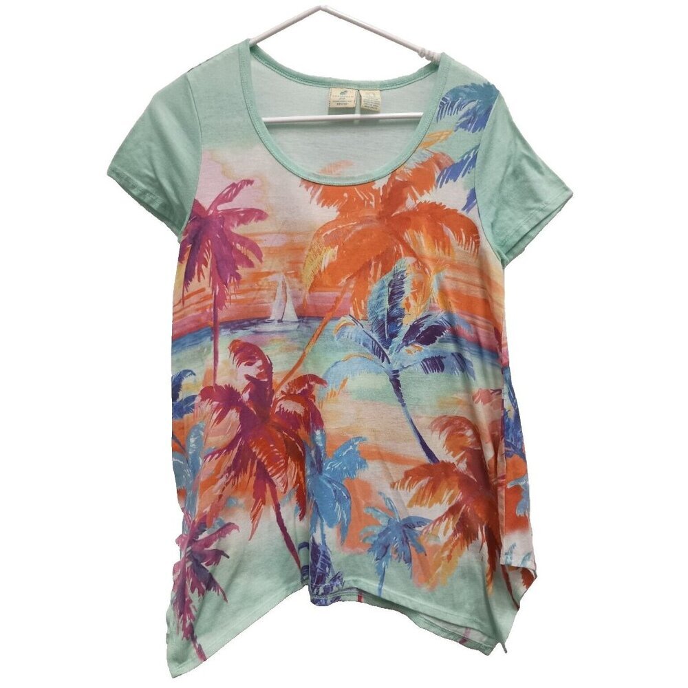 Caribbean Joe Womens Tunic Top Petite Medium Blue Tropical Palm Tree Sharkbite